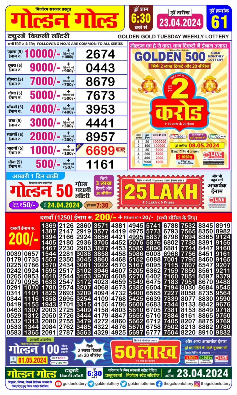 Golden gold 6:30pm lottery result 23/04/24