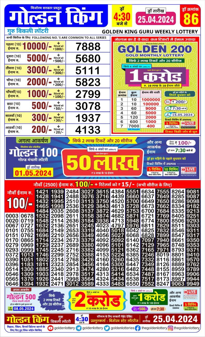 Golden king lottery 4.30pm 25-4-24