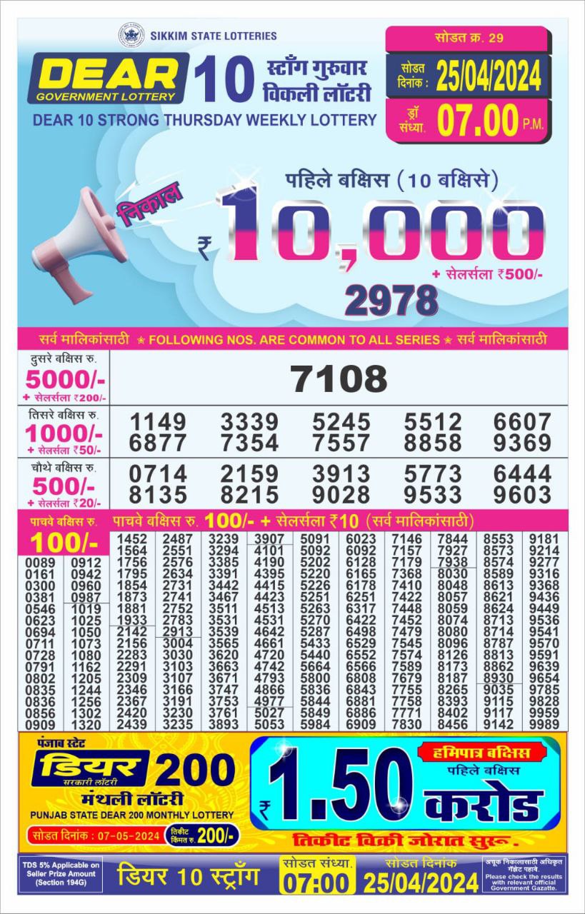 Dear10 Daily Lottery 7PM Result 25Apr 24