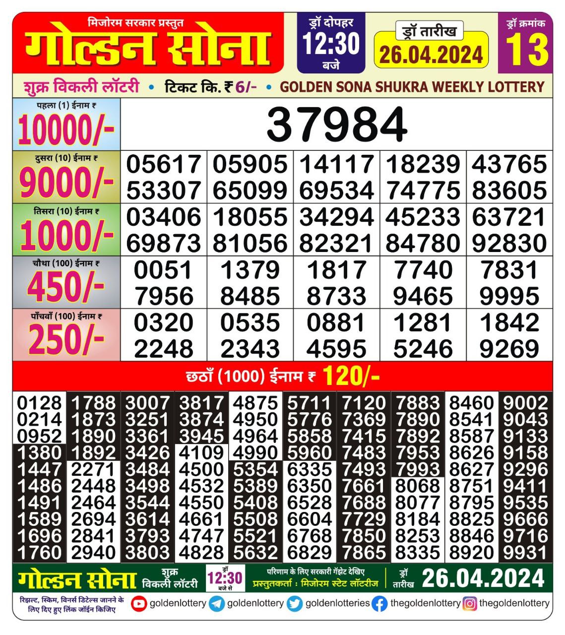 Golden sona 12:30pm lottery result 26/04/24