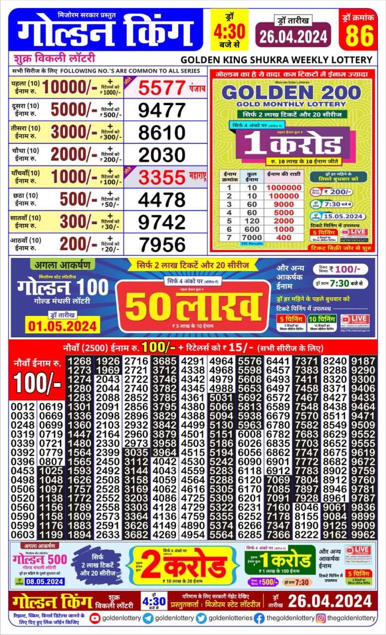 Golden king lottery 4.30pm 26-4-24