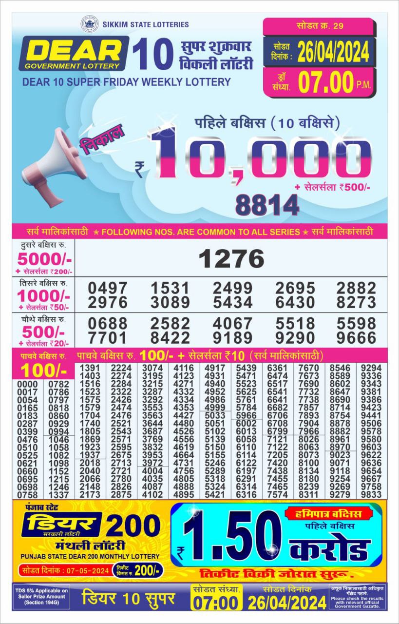 Dear10 Daily Lottery 7PM Result 26Apr 24