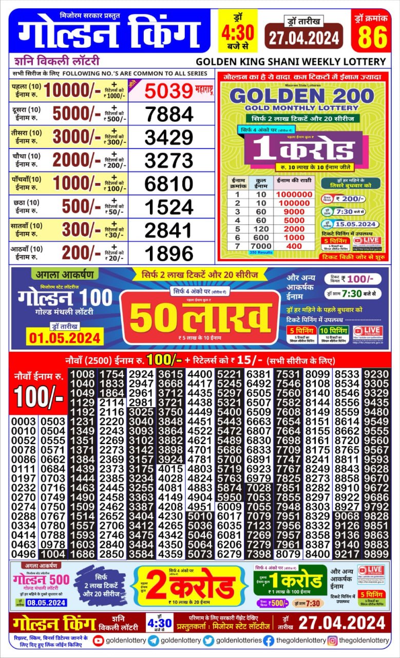 Golden king lottery 4.30pm 27-4-24