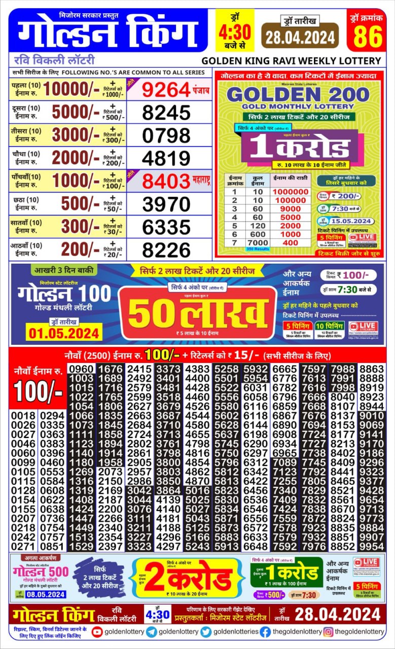 Golden king lottery 4.30pm 28-4-24