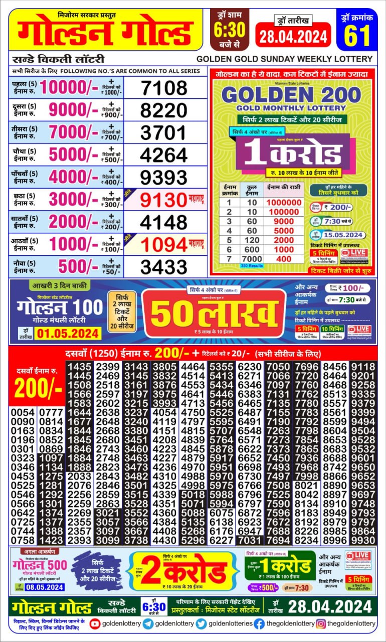 Golden gold 6:30pm lottery result 28/04/24