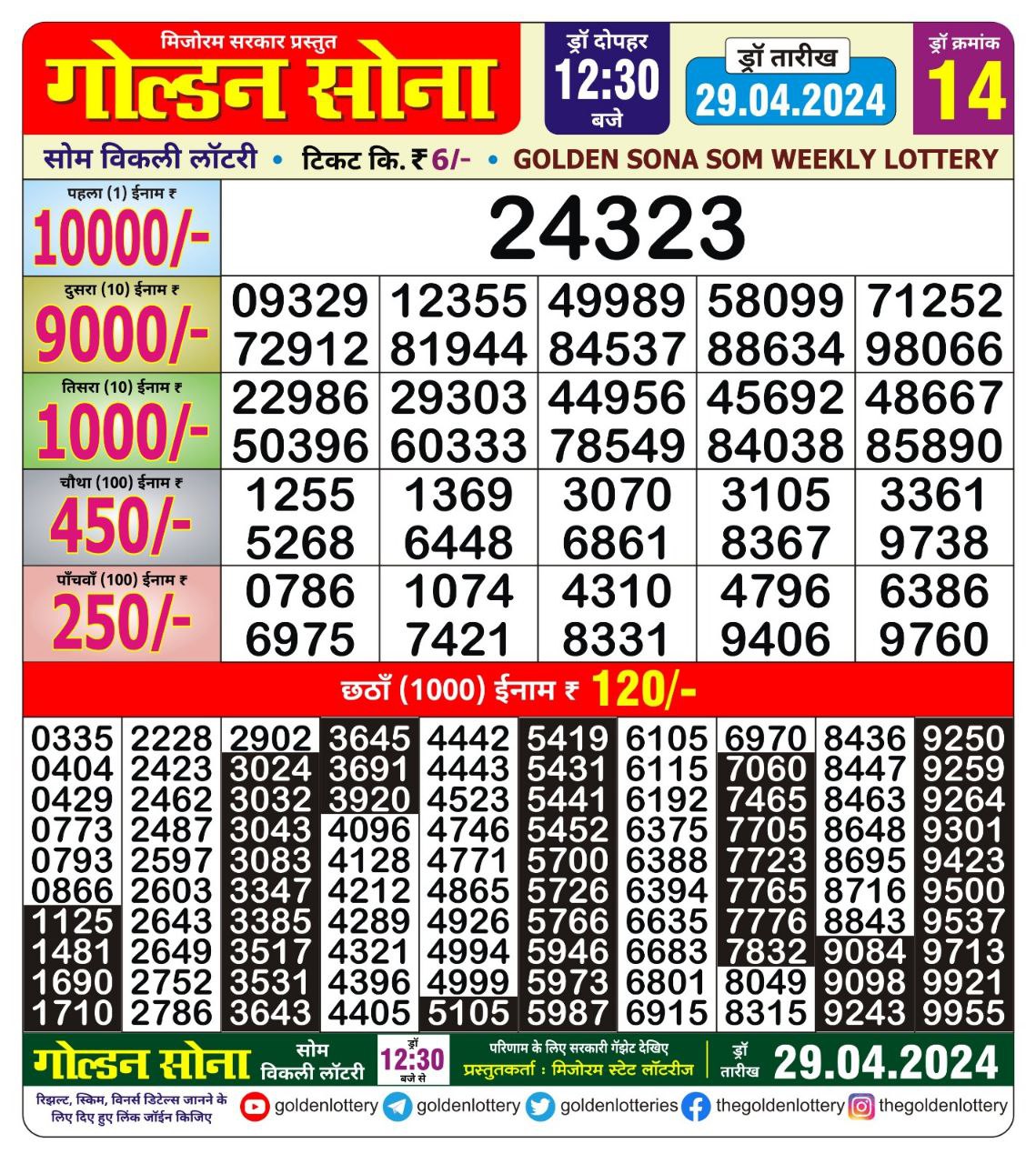 Golden sona 12:30pm lottery result 29/04/24