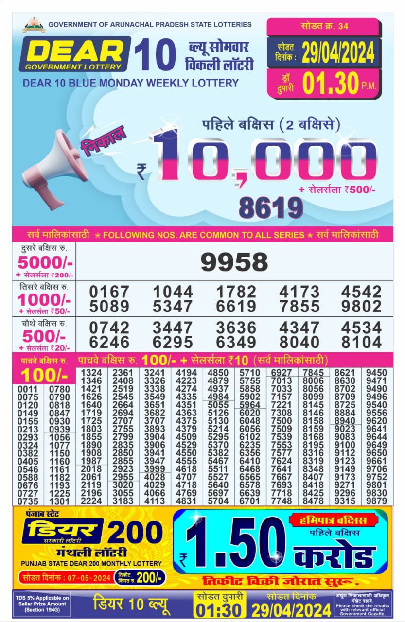 Dear10 Daily Lottery 1.30PM Result 29Apr24