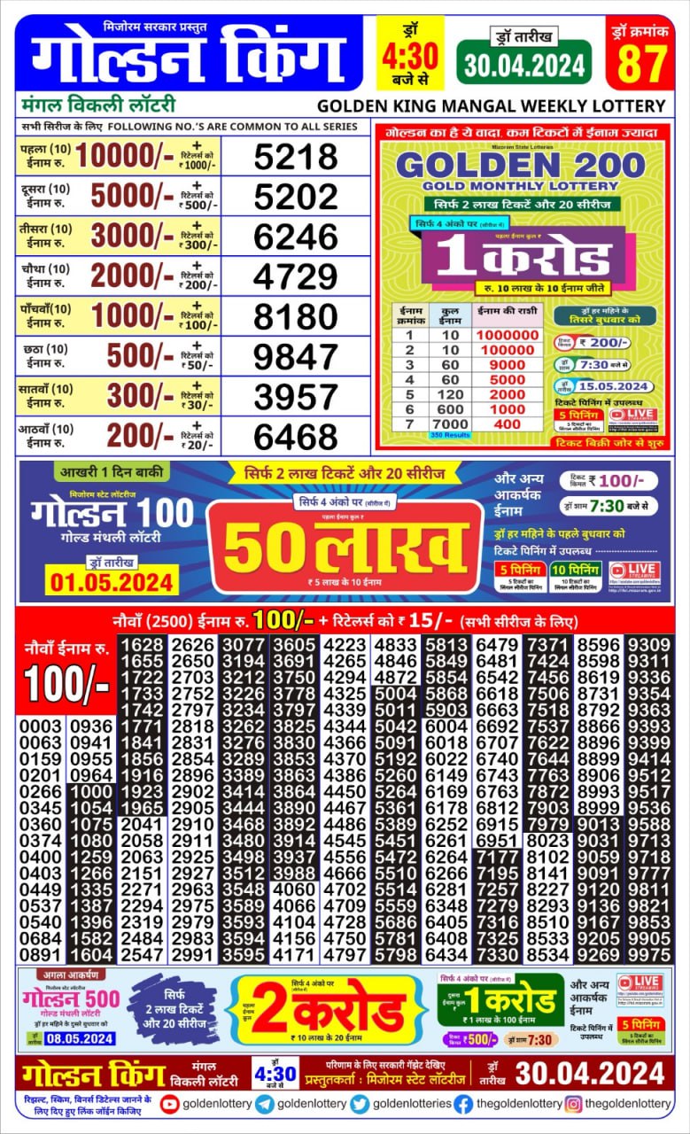 Golden king lottery 4.30pm 30-4-24