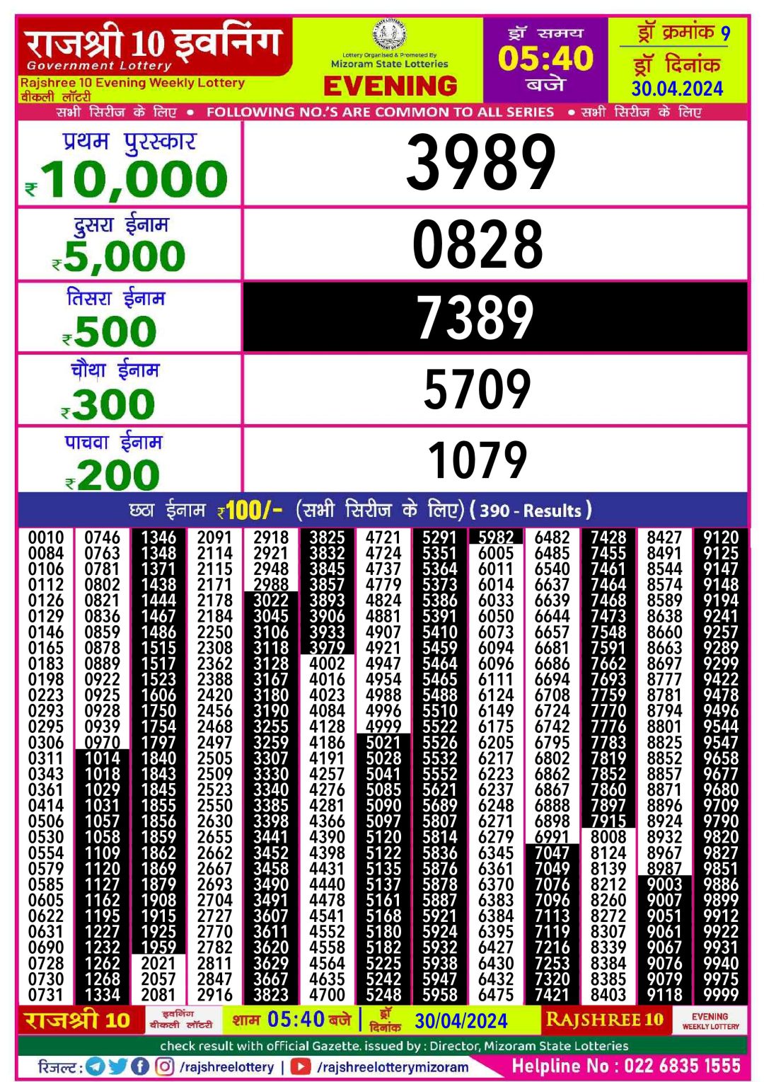 Rajshree10 Daily Lottery 5:40PM Result 30Apr 24