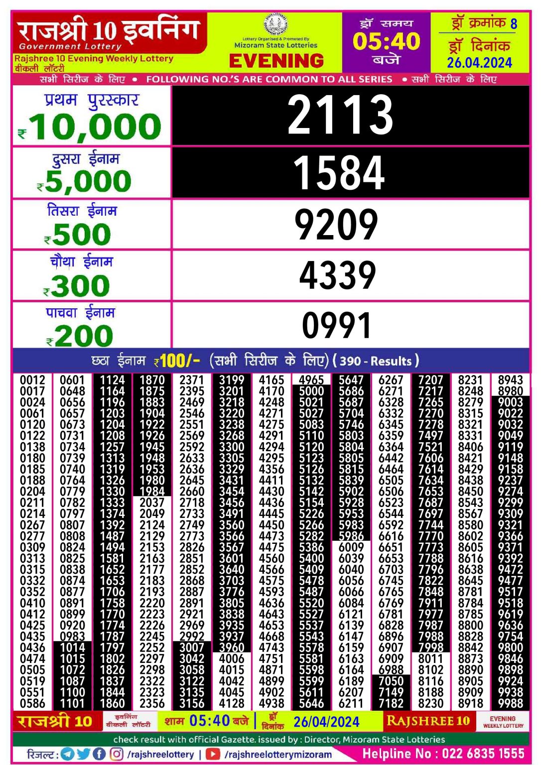 Rajshree10 Daily Lottery 5:40PM Result 26Apr 24