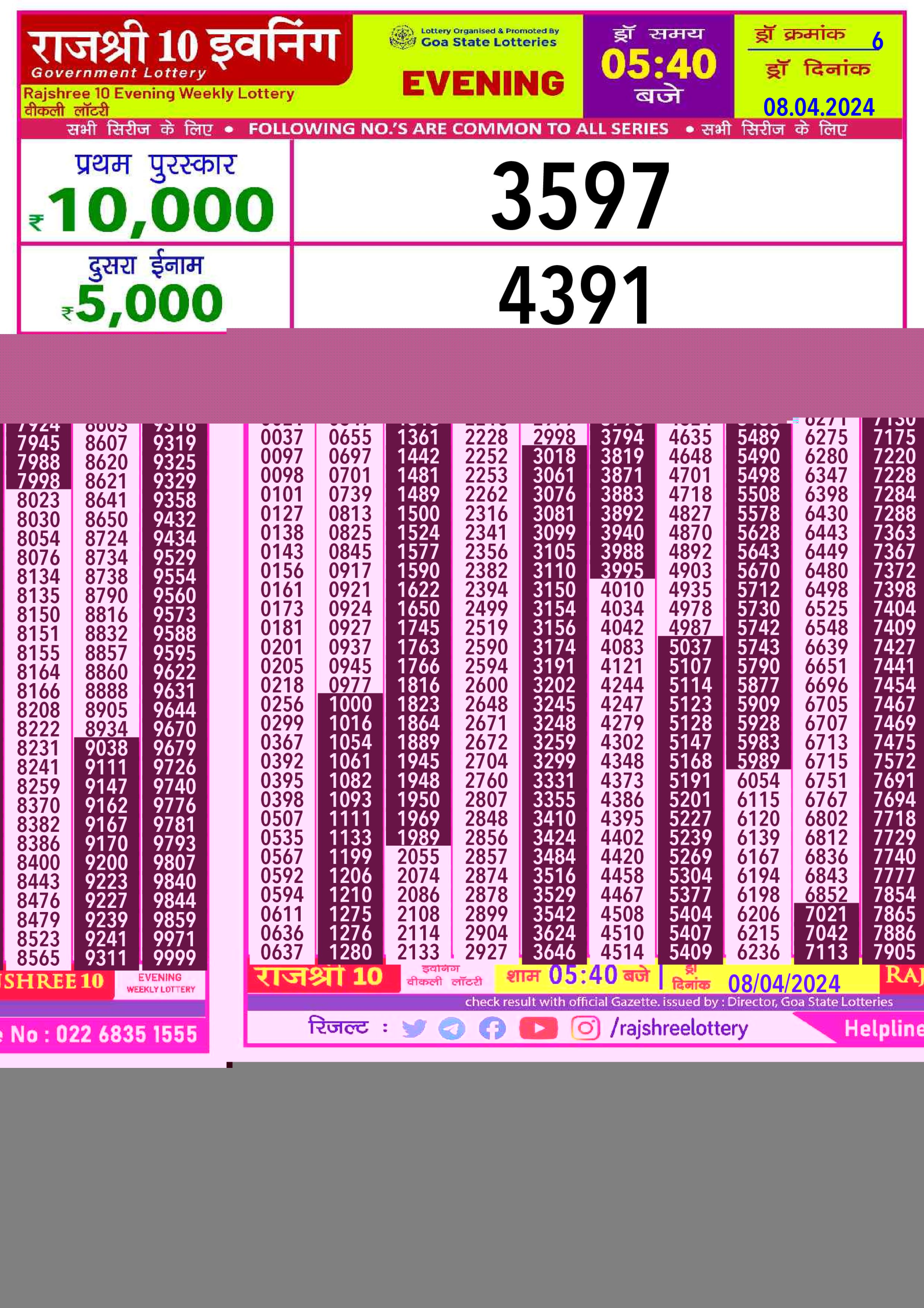 Rajshree10 Daily Lottery 5:40PM Result 8Apr 24