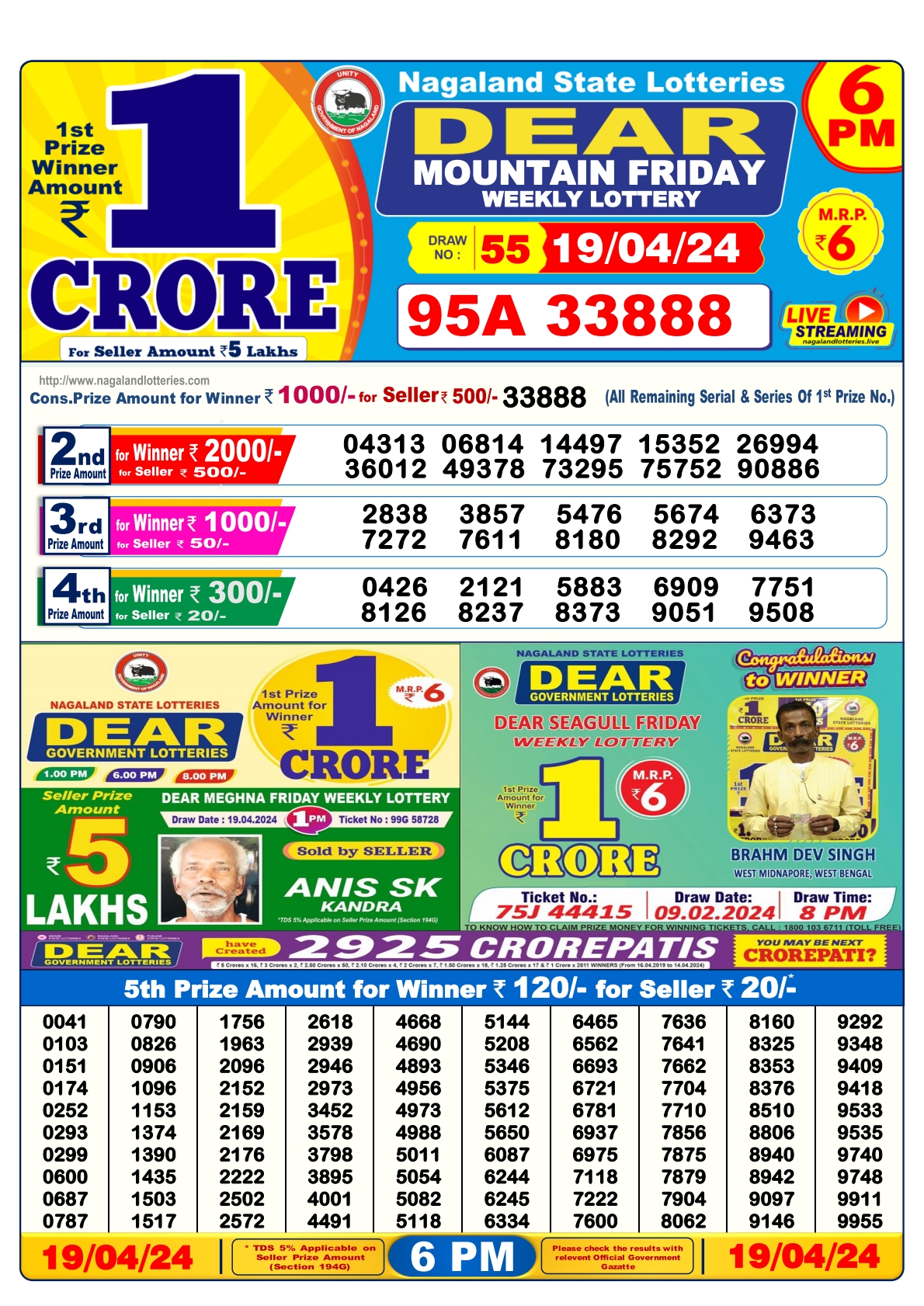 Dear Daily Lottery 6PM Result 19Apr 24