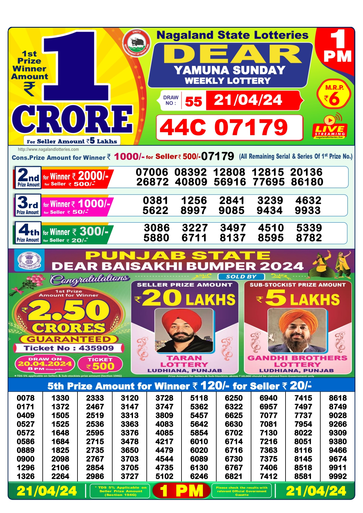 Dear Daily Lottery 1PM Result 21Apr 24