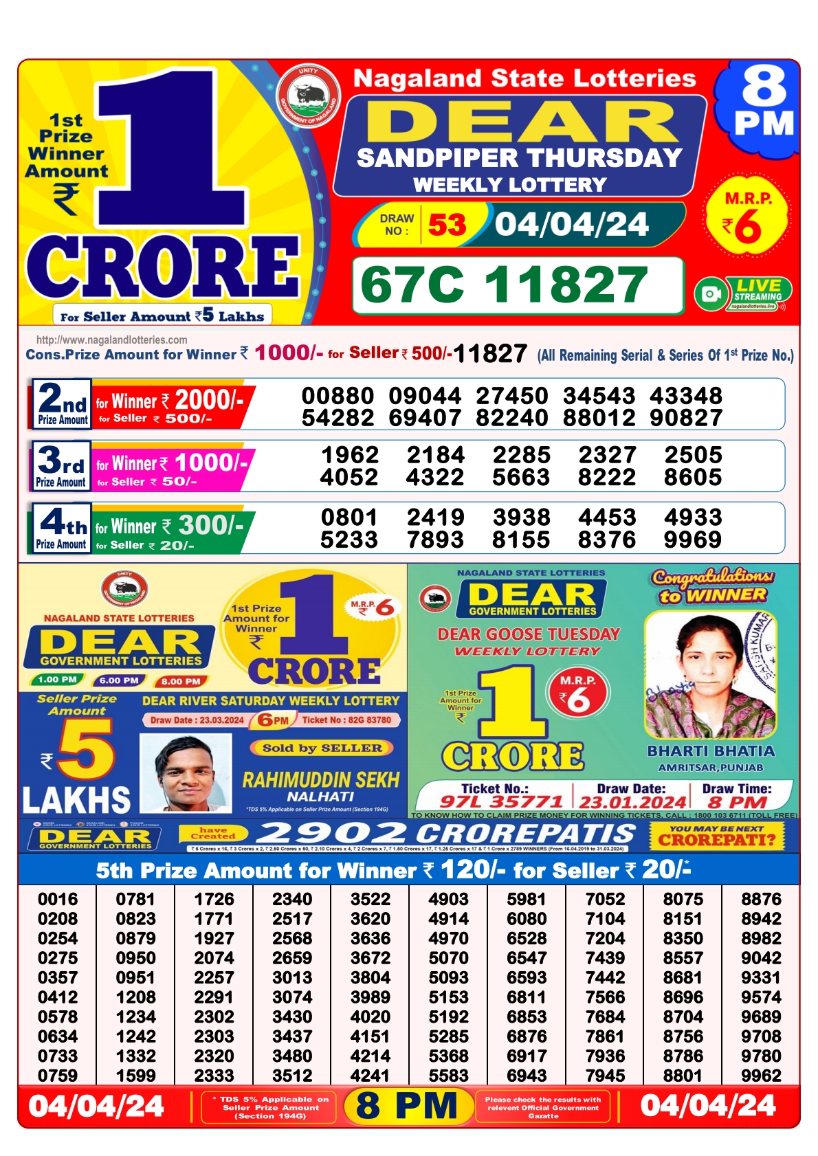 Dear Daily Lottery 8PM Result 4 Apr 24