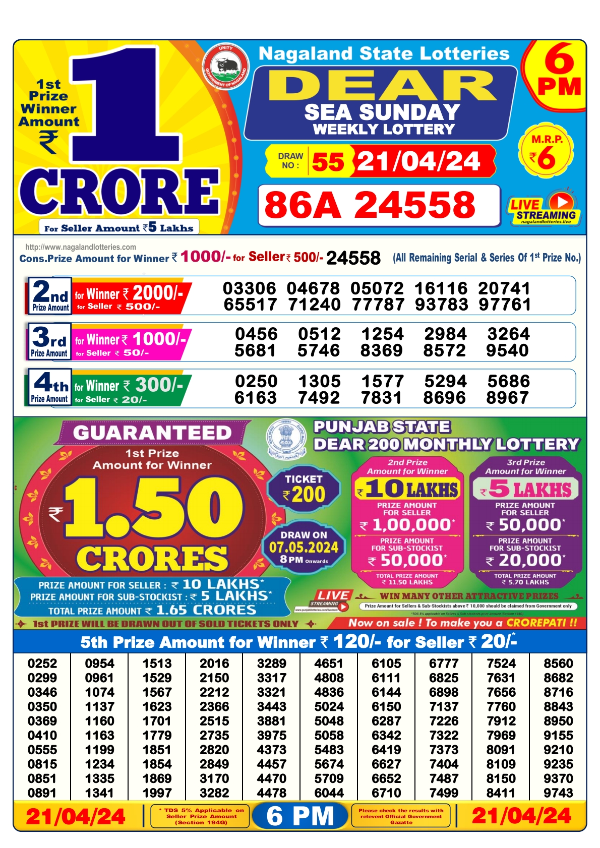 Dear lottery result 6pm 21-4-24