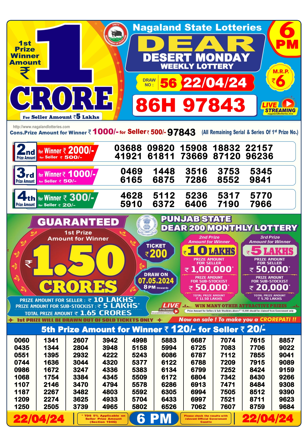 Dear lottery result 6pm 22-4-24