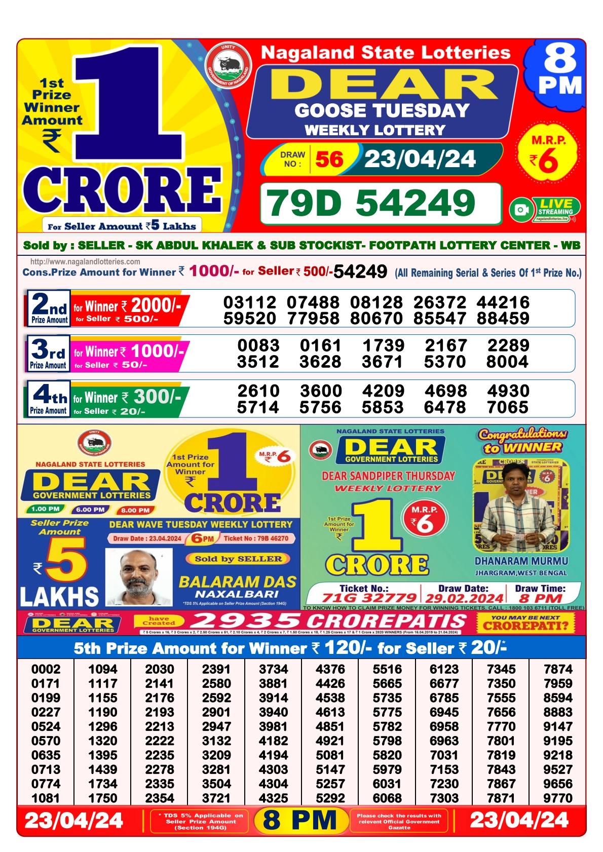 Dear Daily Lottery 8PM Result 23Apr 24