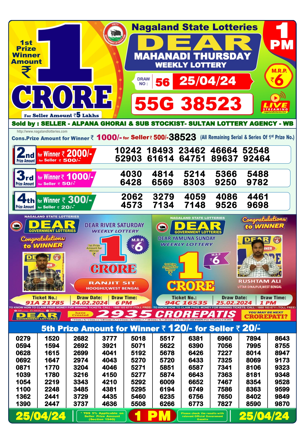 Dear Daily Lottery 1PM Result 25Apr 24