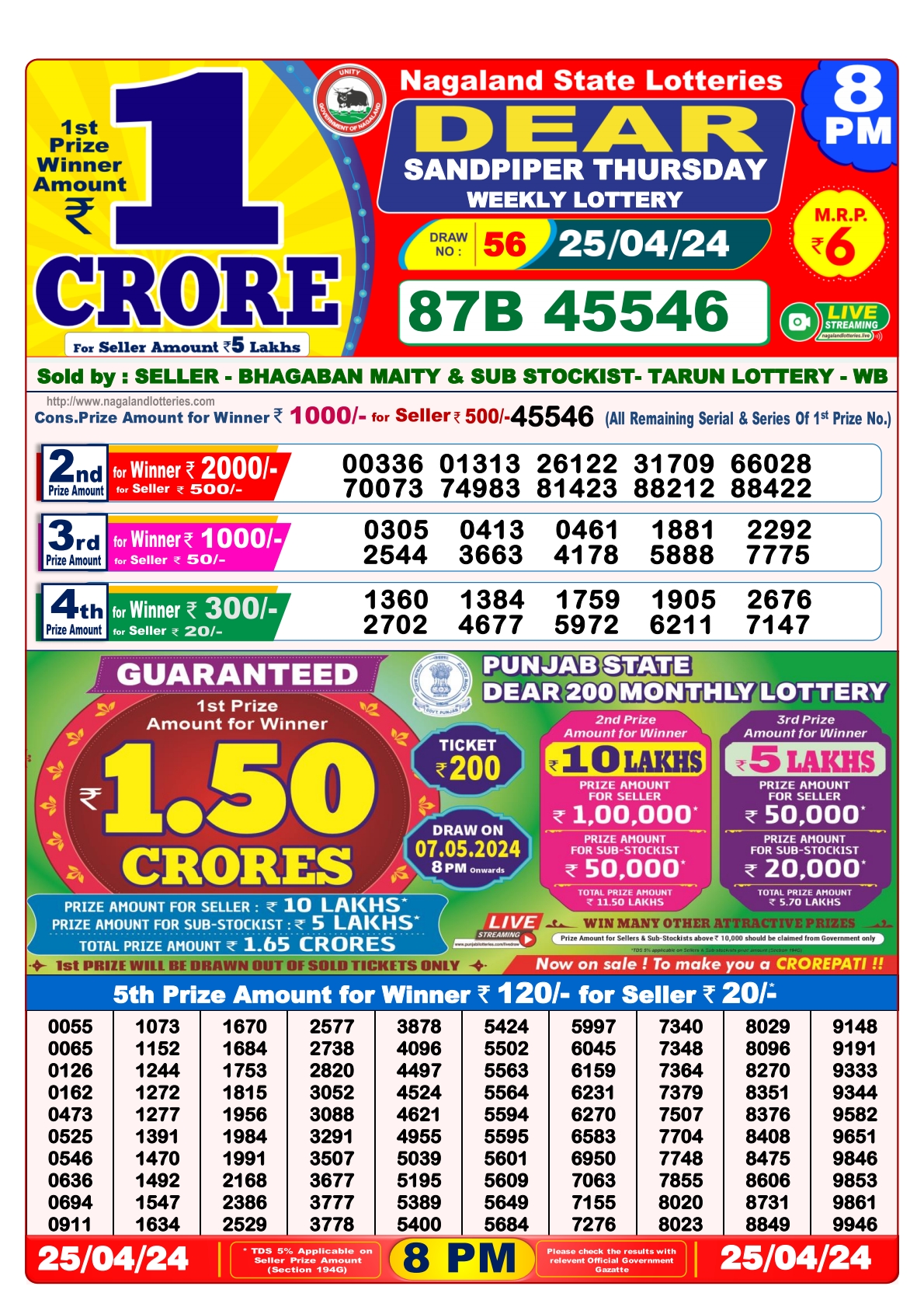 Dear Daily Lottery 8PM Result 25Apr 24