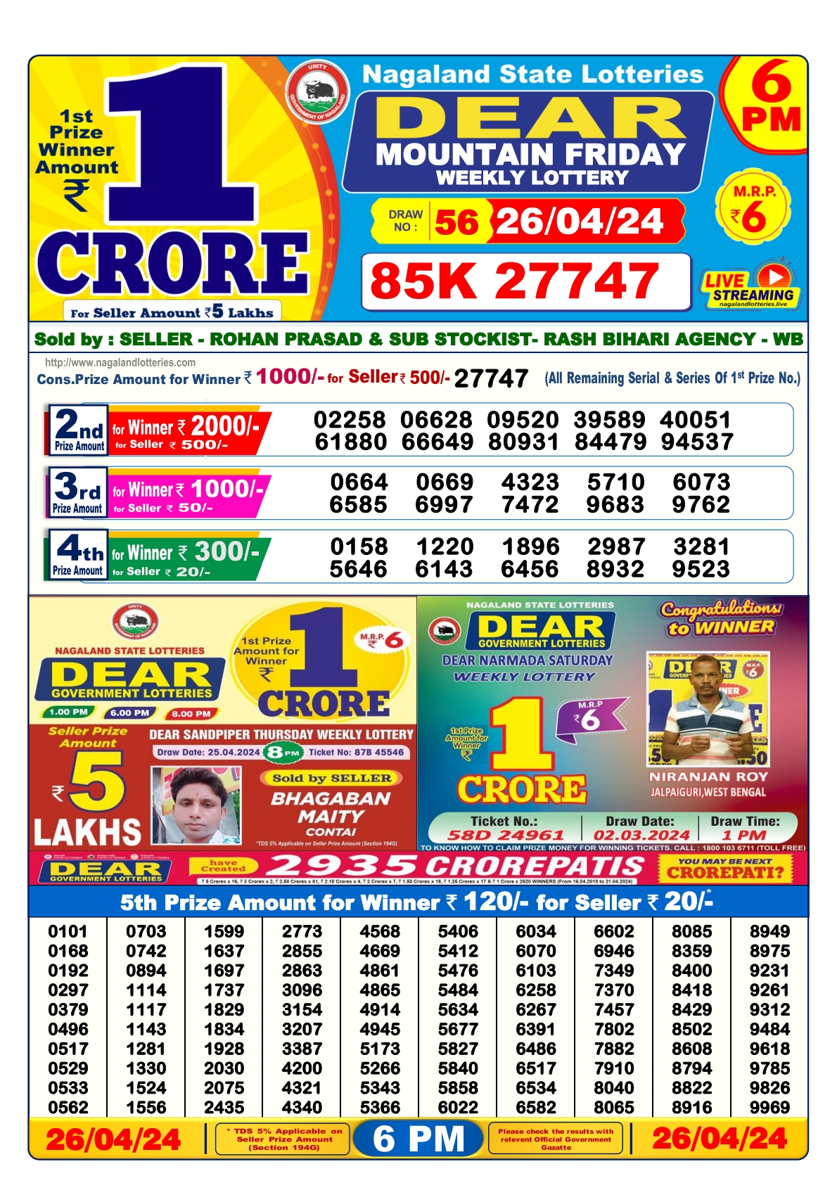 Dear lottery result 6pm 26-4-24