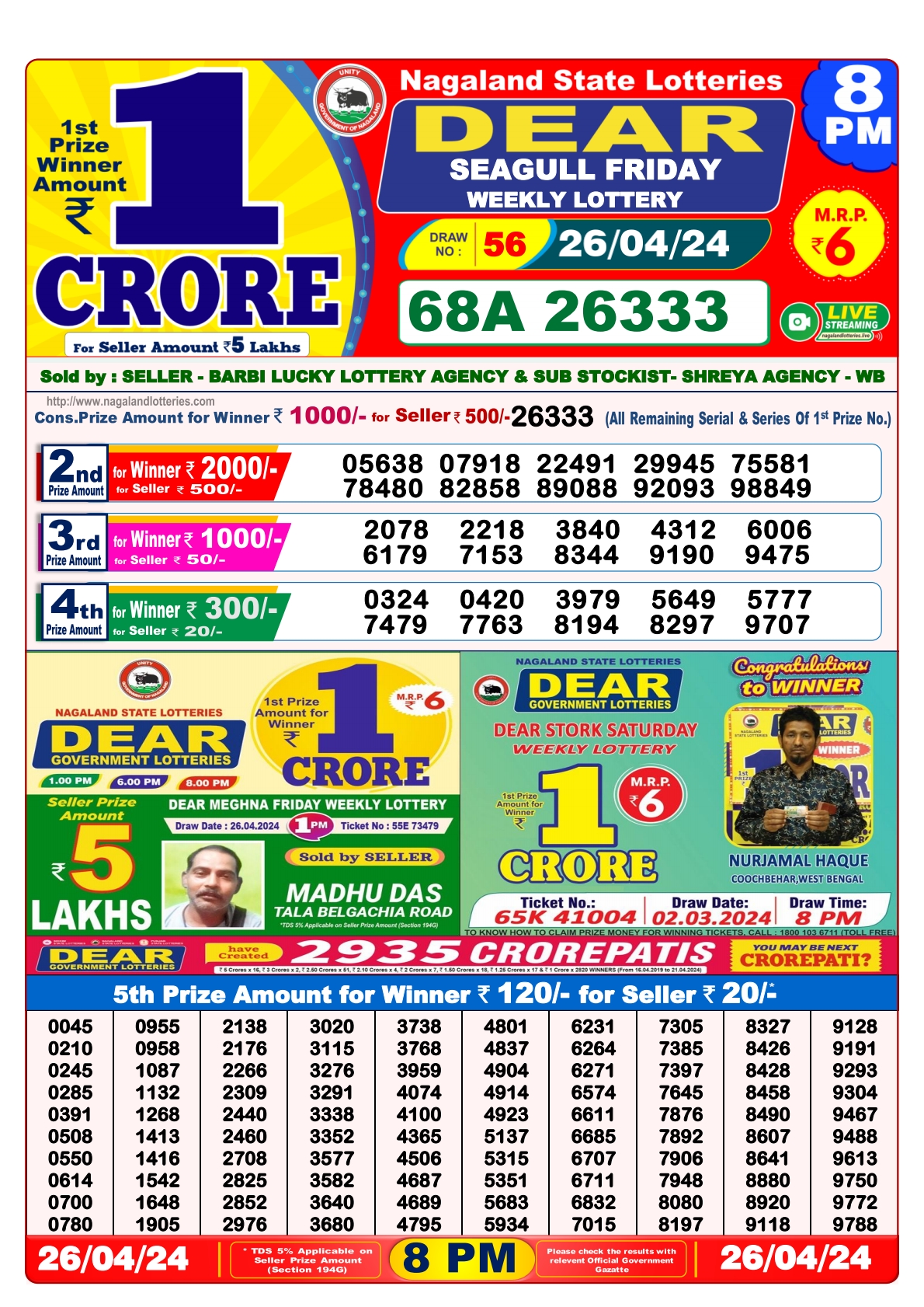 Dear Daily Lottery 8PM Result 26Apr 24