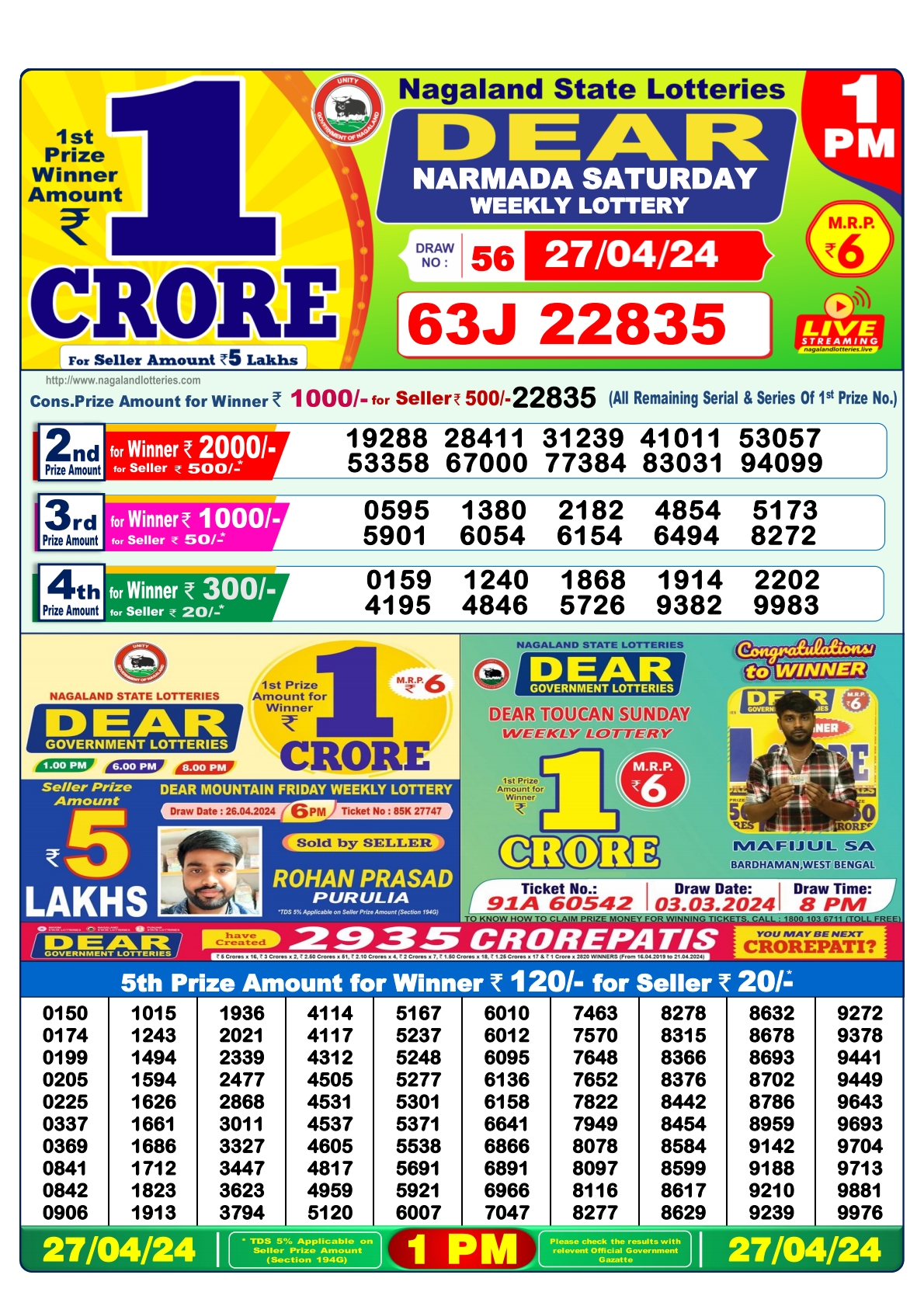 Dear Daily Lottery 1PM Result 27Apr 24