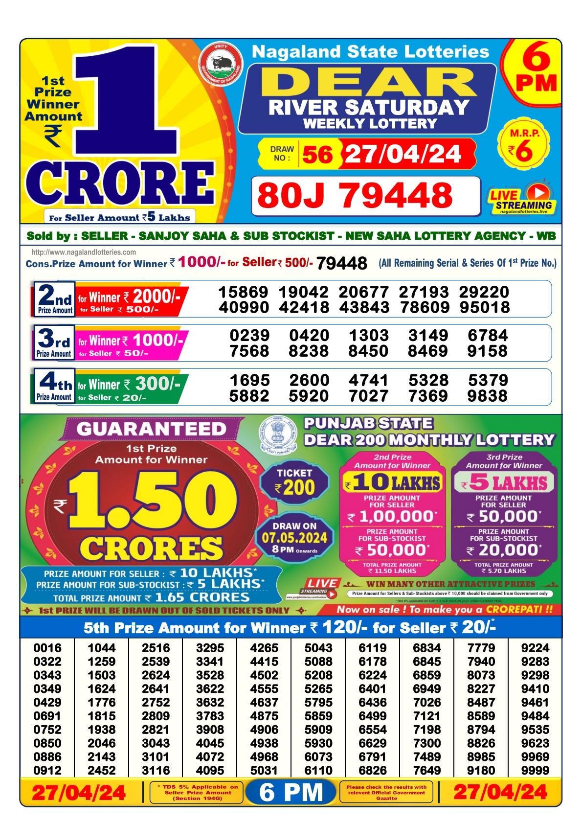 Dear lottery result 6pm 27-4-24