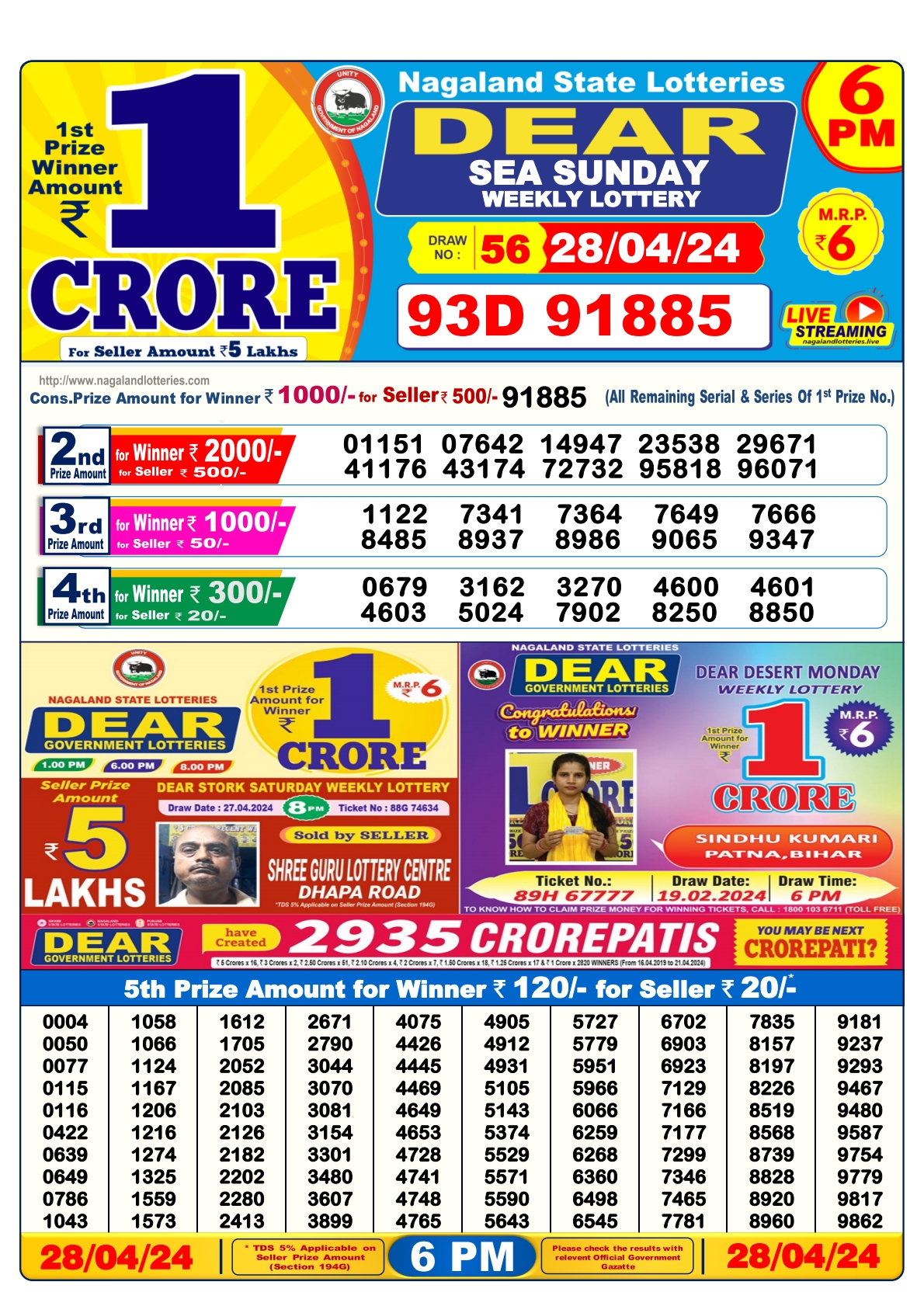 Dear lottery result 6pm 28-4-24