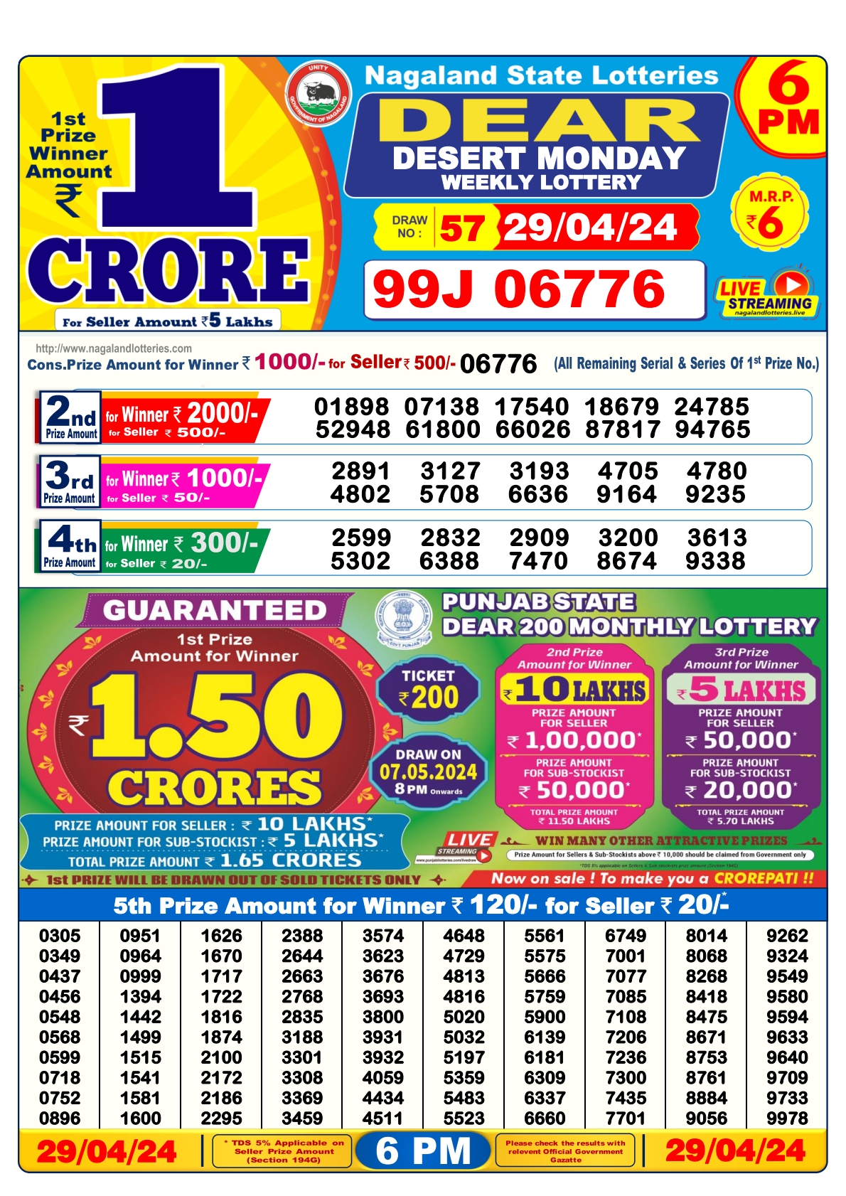 Dear lottery result 6pm 29-4-24