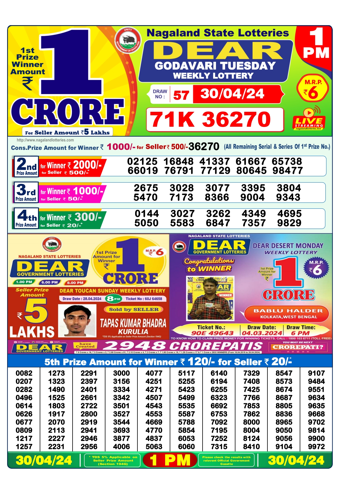 Dear Daily Lottery 1PM Result 30Apr 24