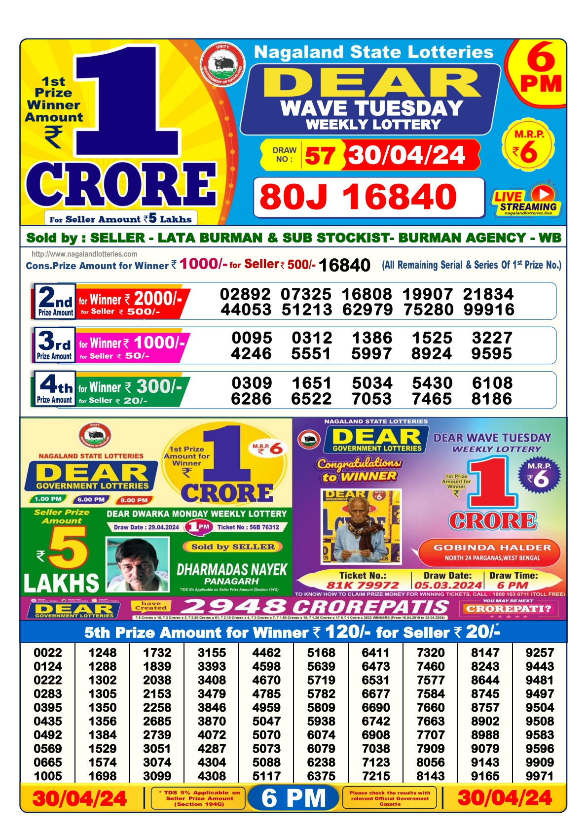 Dear lottery result 6pm 30-4-24