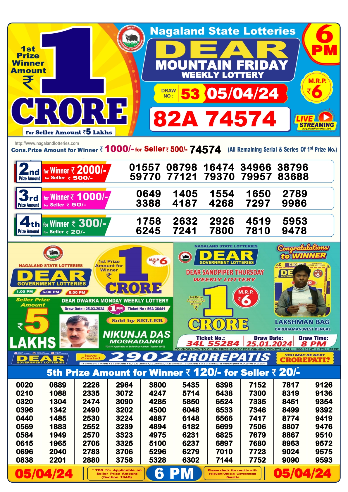 Dear Daily Lottery 6PM Result 5Apr 24