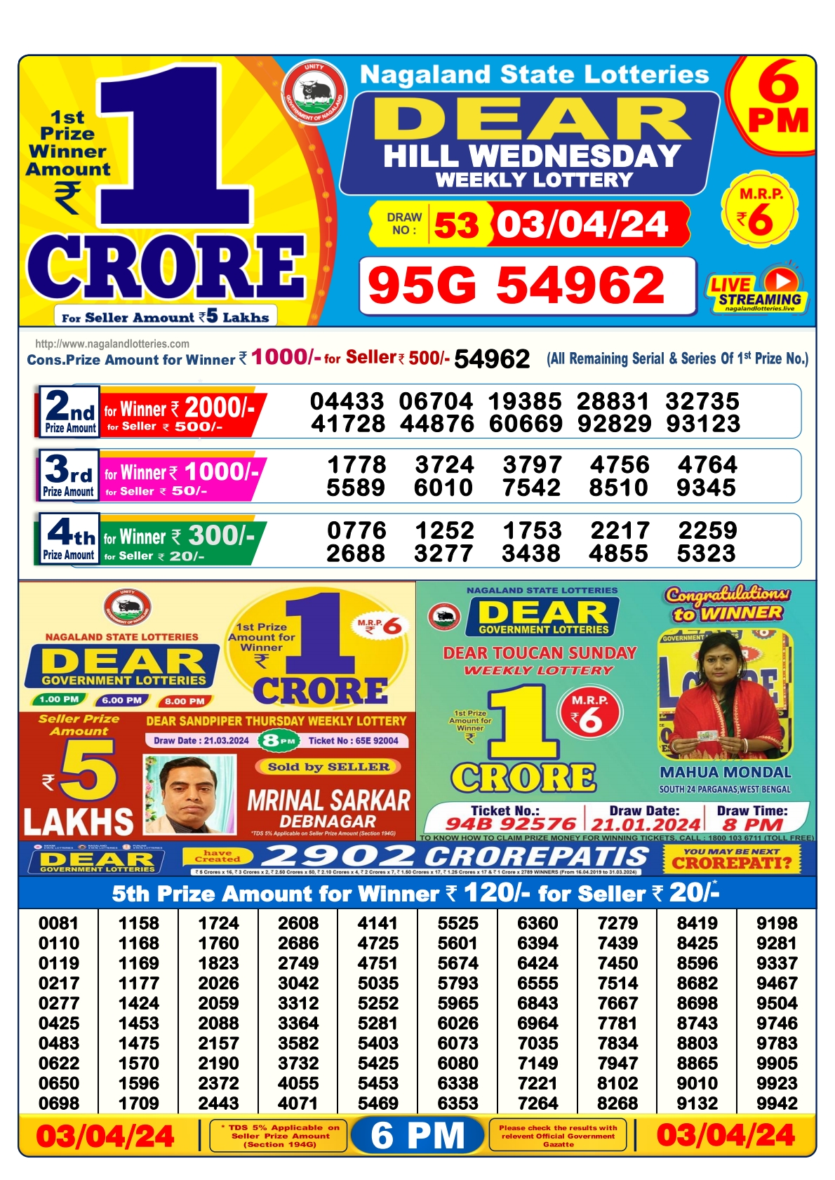 Dear Daily Lottery 6PM Result 3 Apr 24