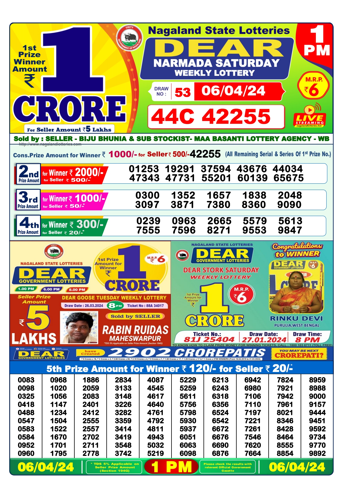 Dear Daily Lottery 1PM Result 6Apr 24