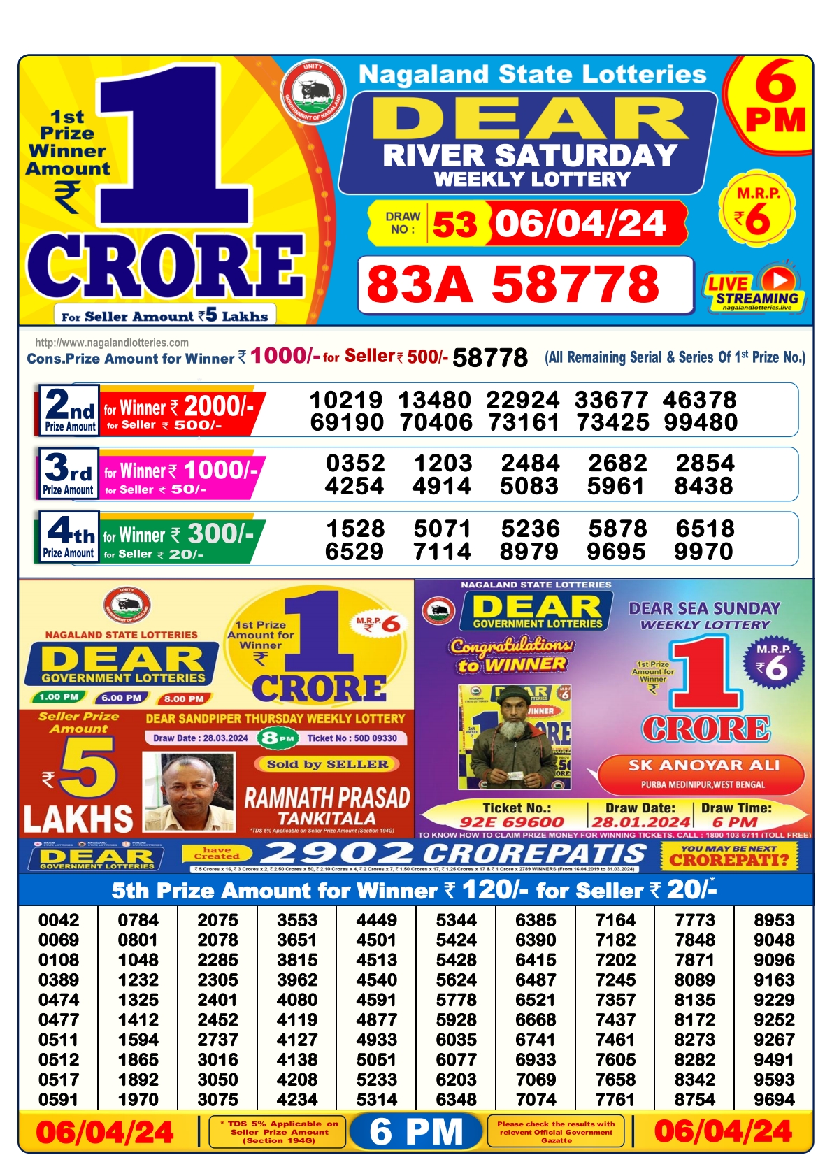 Dear Daily Lottery 6PM Result 6Apr 24