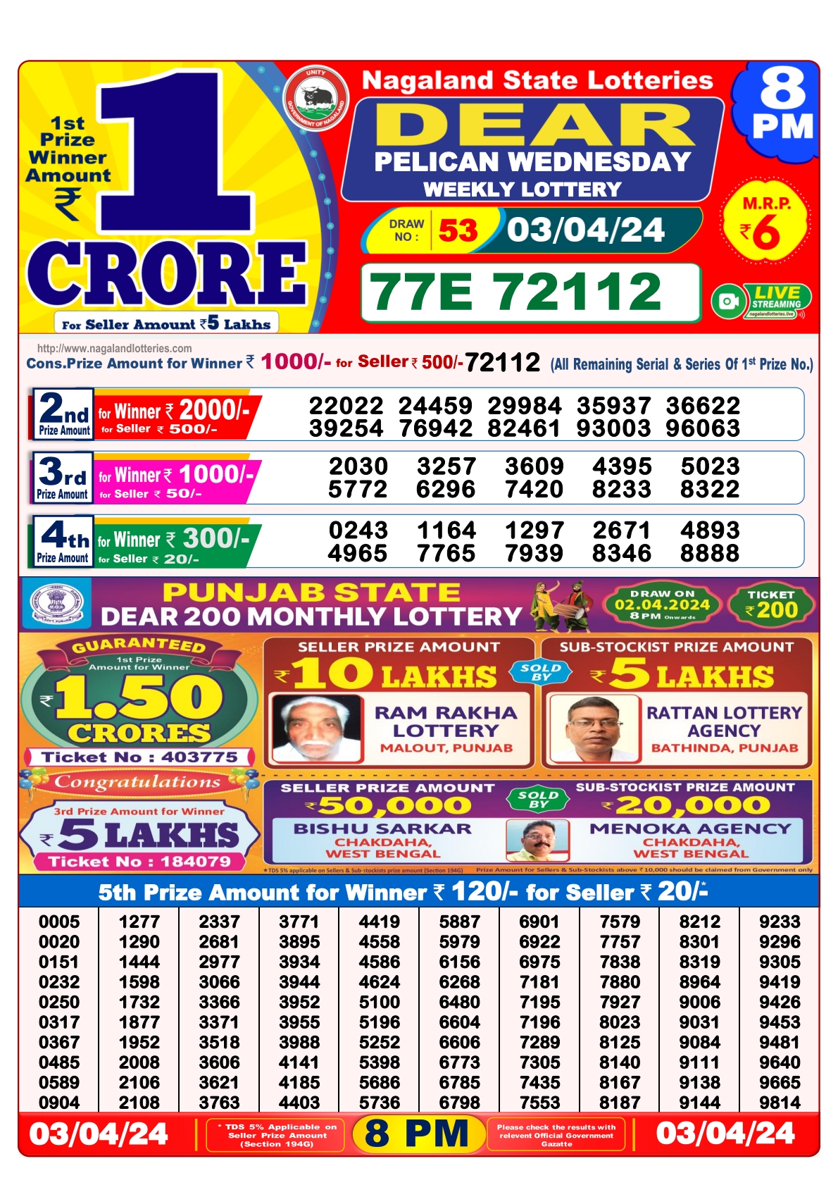 Dear Daily Lottery 8PM Result 3 Apr 24