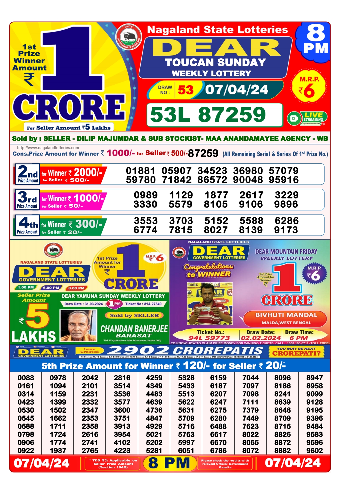 Dear Daily Lottery 8PM Result 7Apr 24