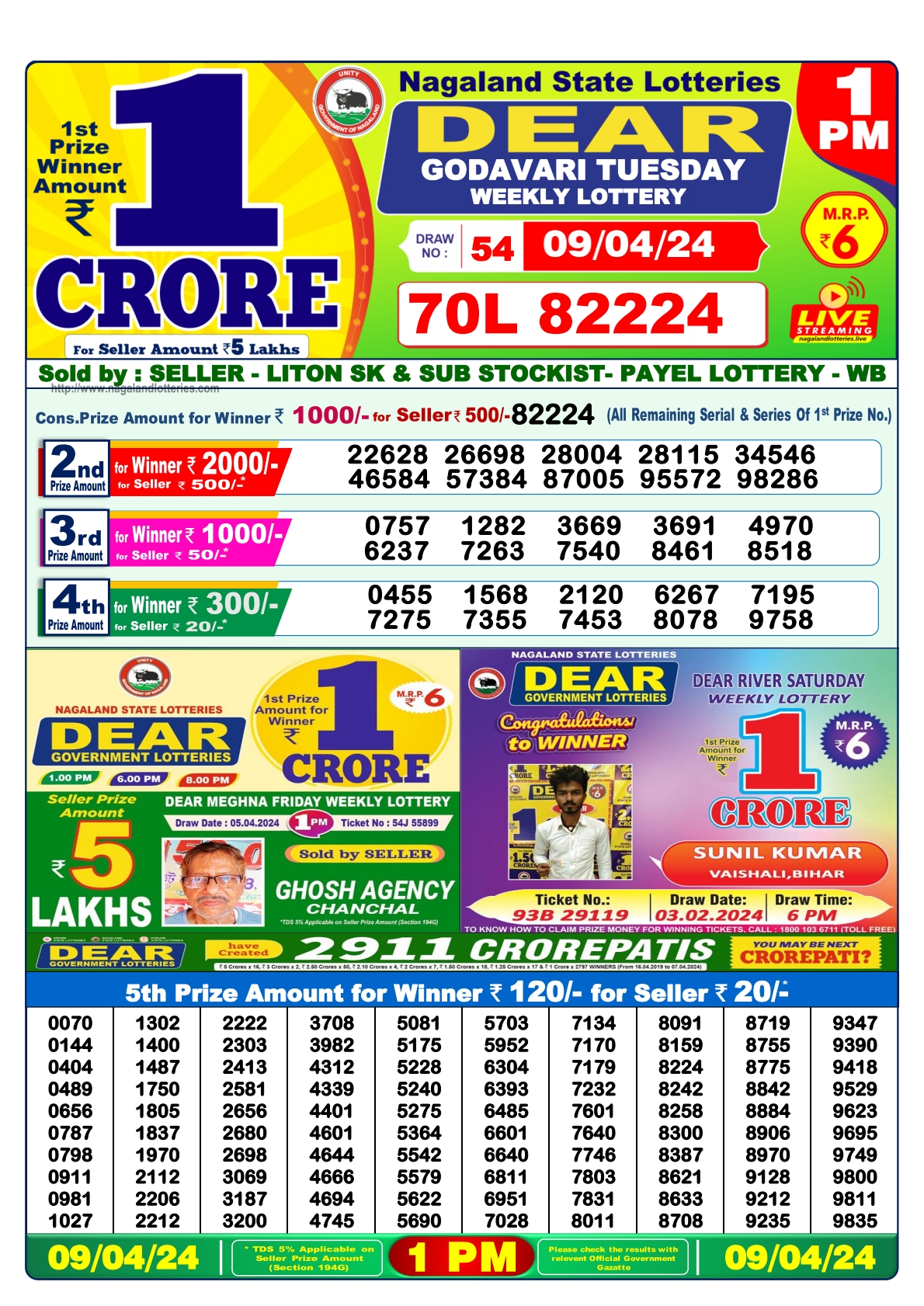 Dear Daily Lottery 1PM Result 9Apr 24