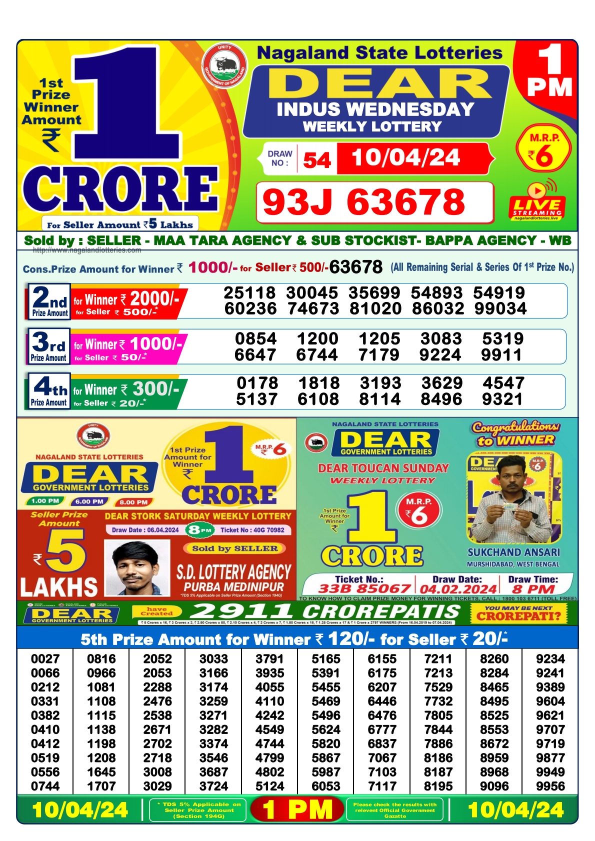 Dear Daily Lottery 1PM Result 10Apr 24