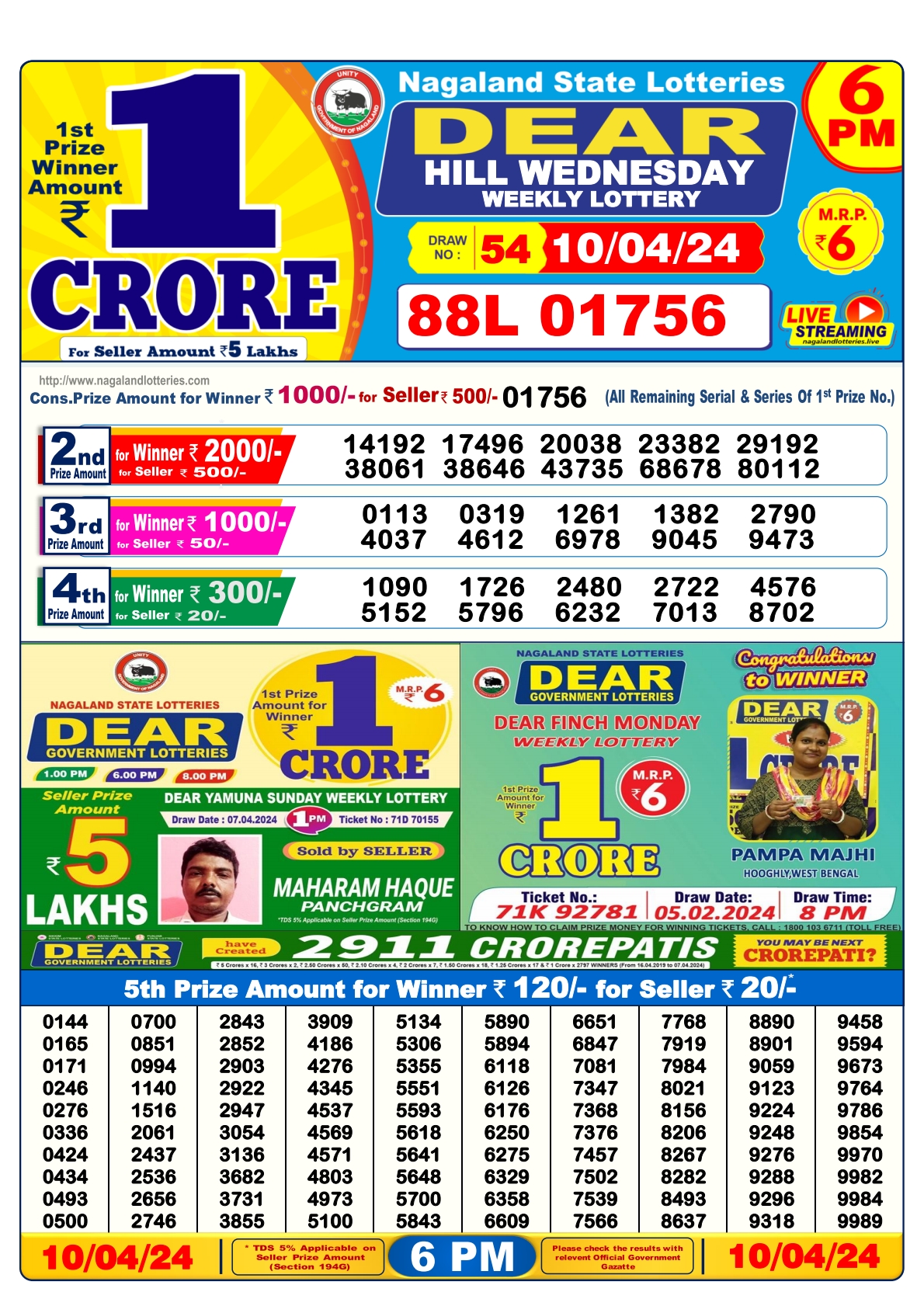 Dear Daily Lottery 6PM Result 10 Apr 24