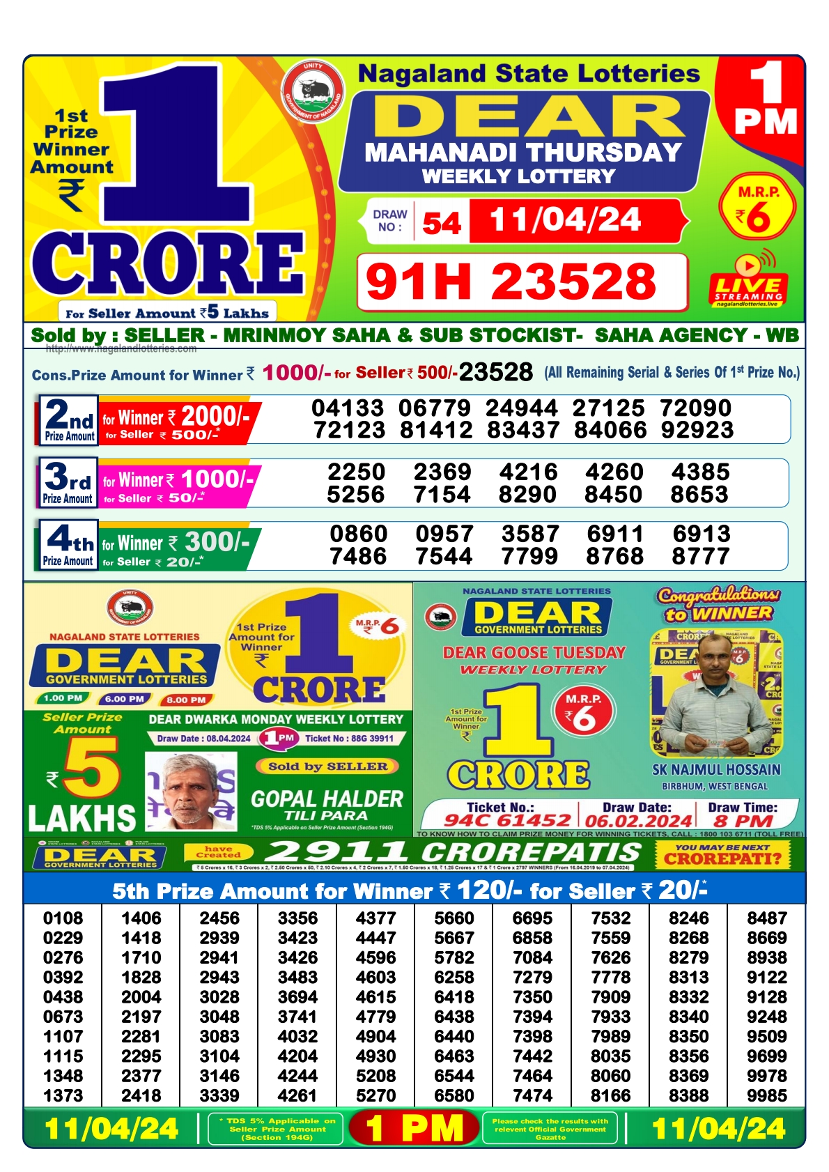 Dear Daily Lottery 1PM Result 11Apr 24