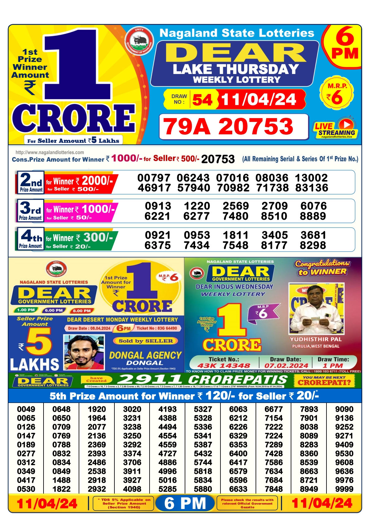 Dear Daily Lottery 6PM Result 11 Apr 24