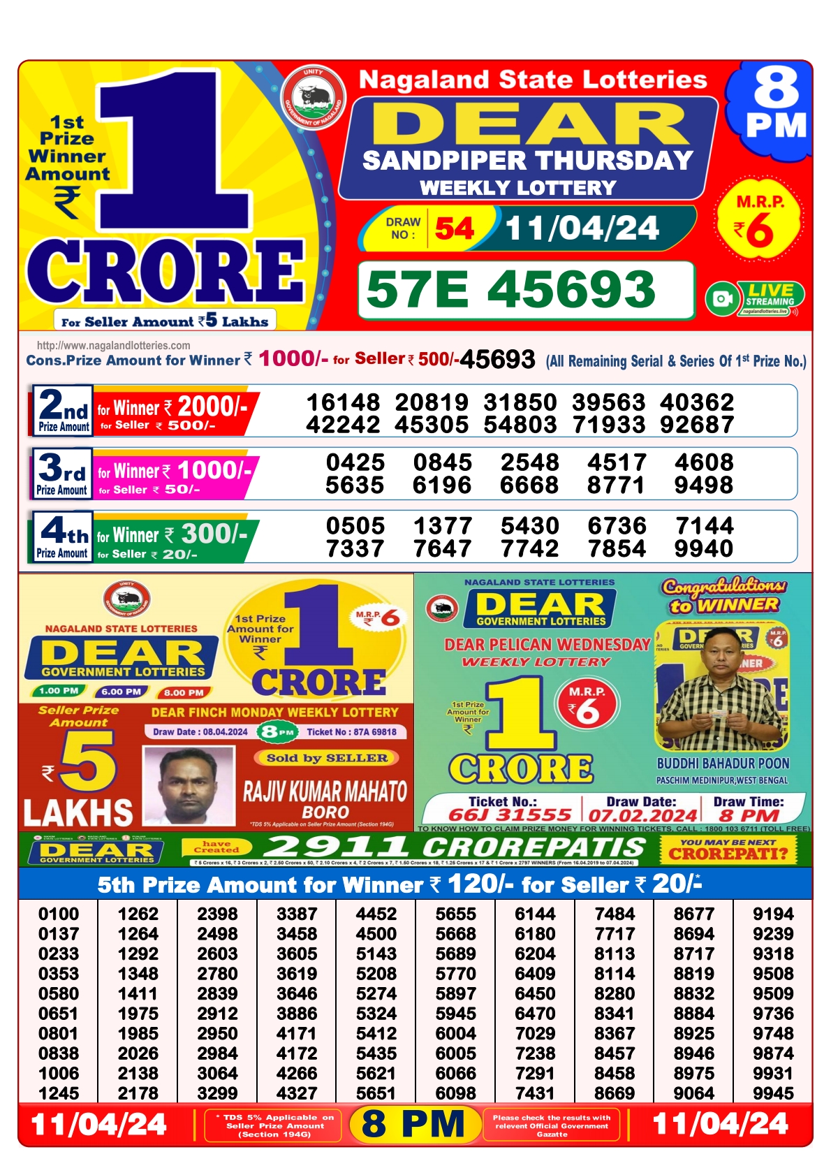 Dear Daily Lottery 8PM Result 11Apr 24