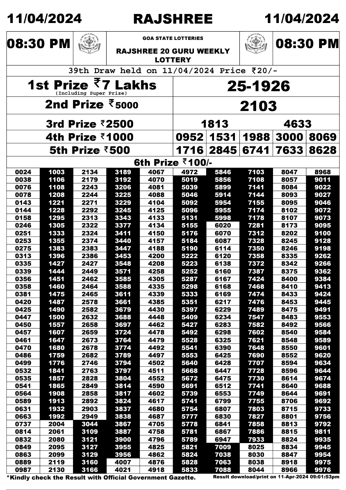 Rajshree 20 Daily Lottery 8:30PM Result 11Apr 24