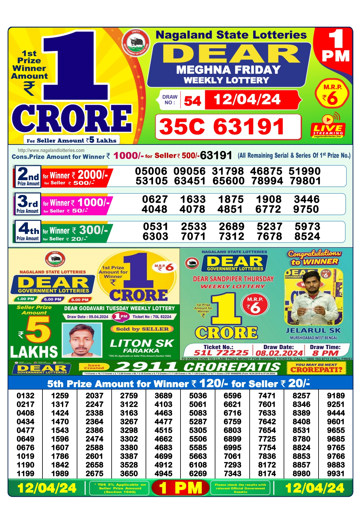 Dear Daily Lottery 1PM Result 12Apr 24