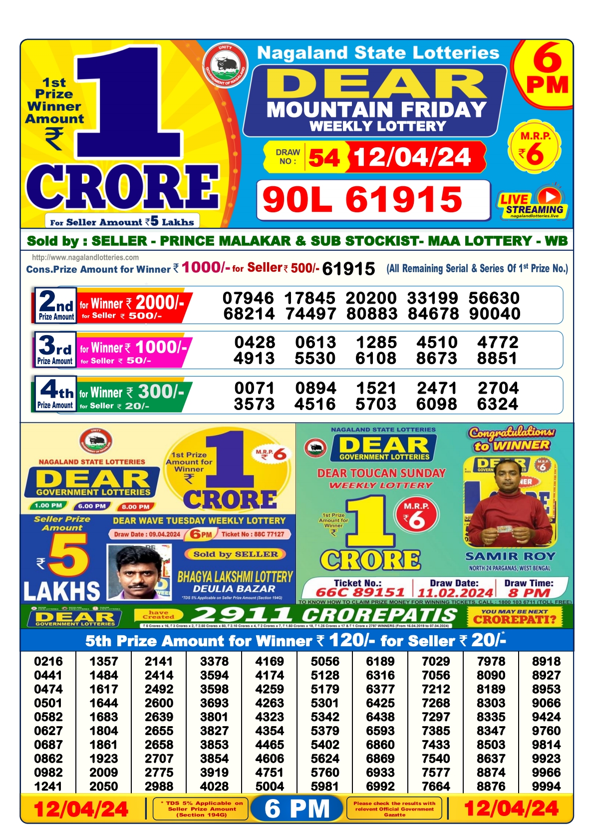 Dear Daily Lottery 6PM Result 12 Apr 24