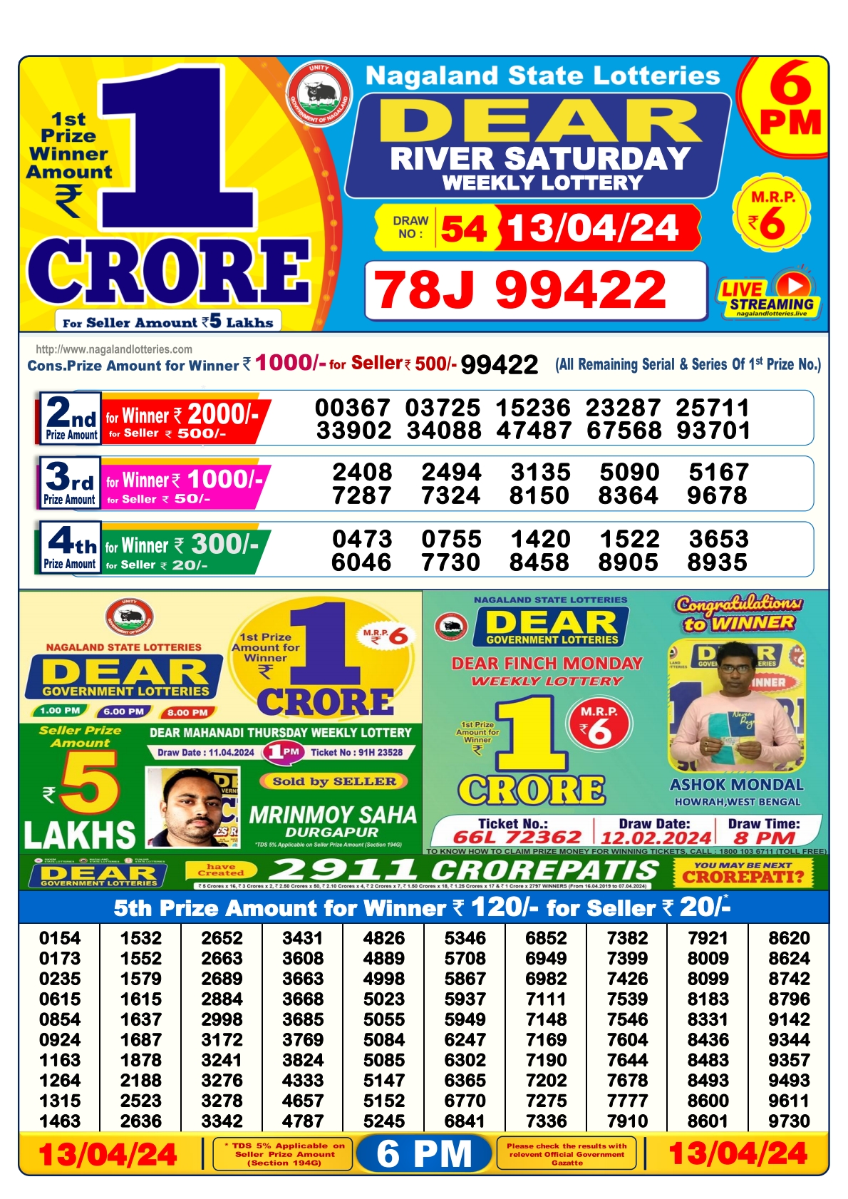 Dear Daily Lottery 6PM Result 13Apr 24