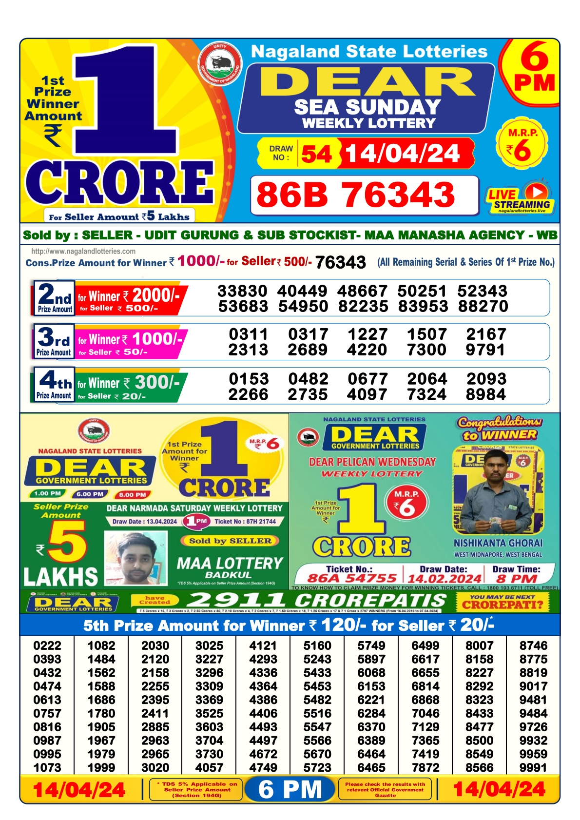 Dear Daily Lottery 6PM Result 14Apr 24