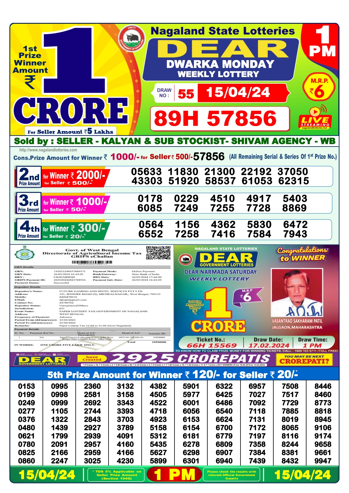 Dear Daily Lottery 1PM Result 15Apr 24