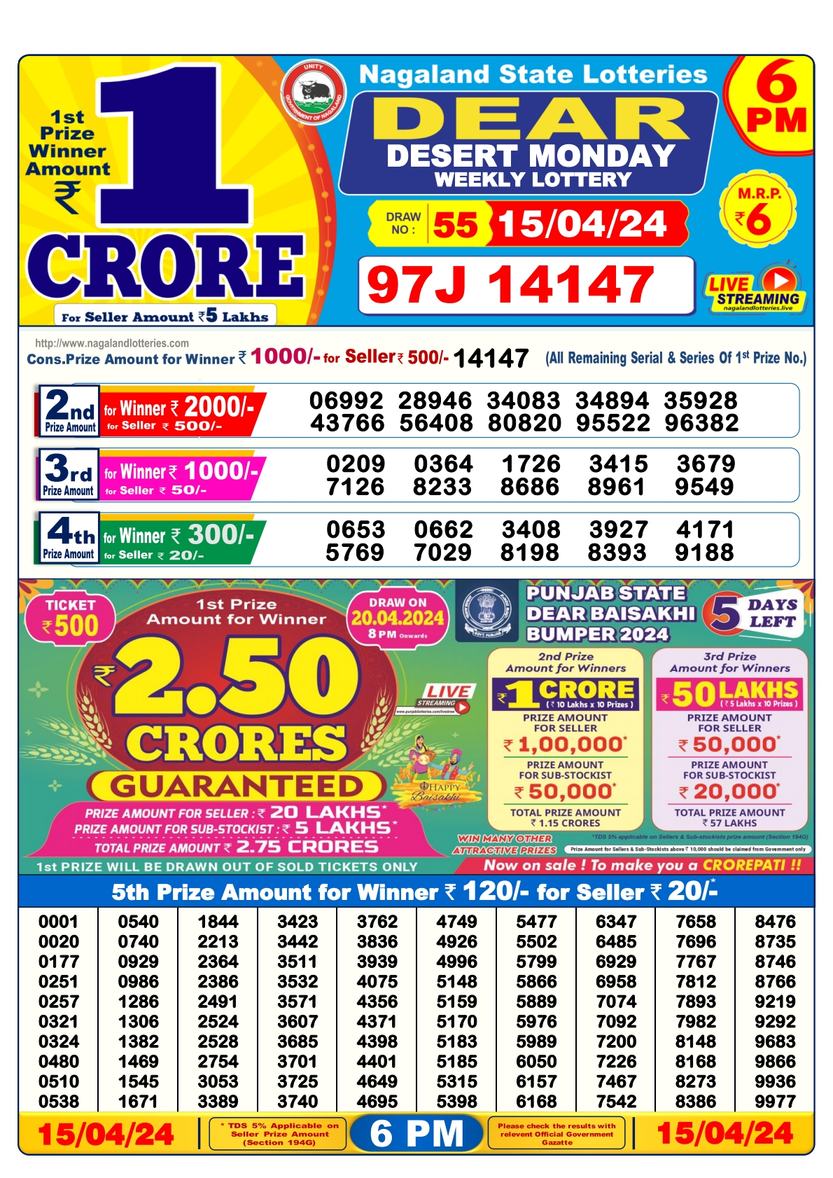 Dear Daily Lottery 6PM Result 15Apr 24